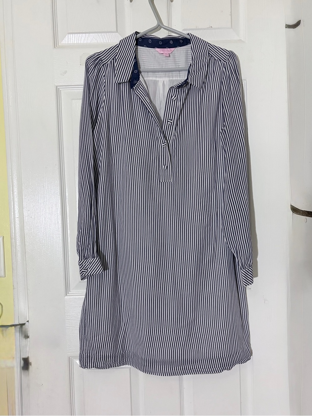Lilly Pulitzer Striped Navy /White Midi Shirt Dress, Long Sleeve 1/2 Button Sz 6